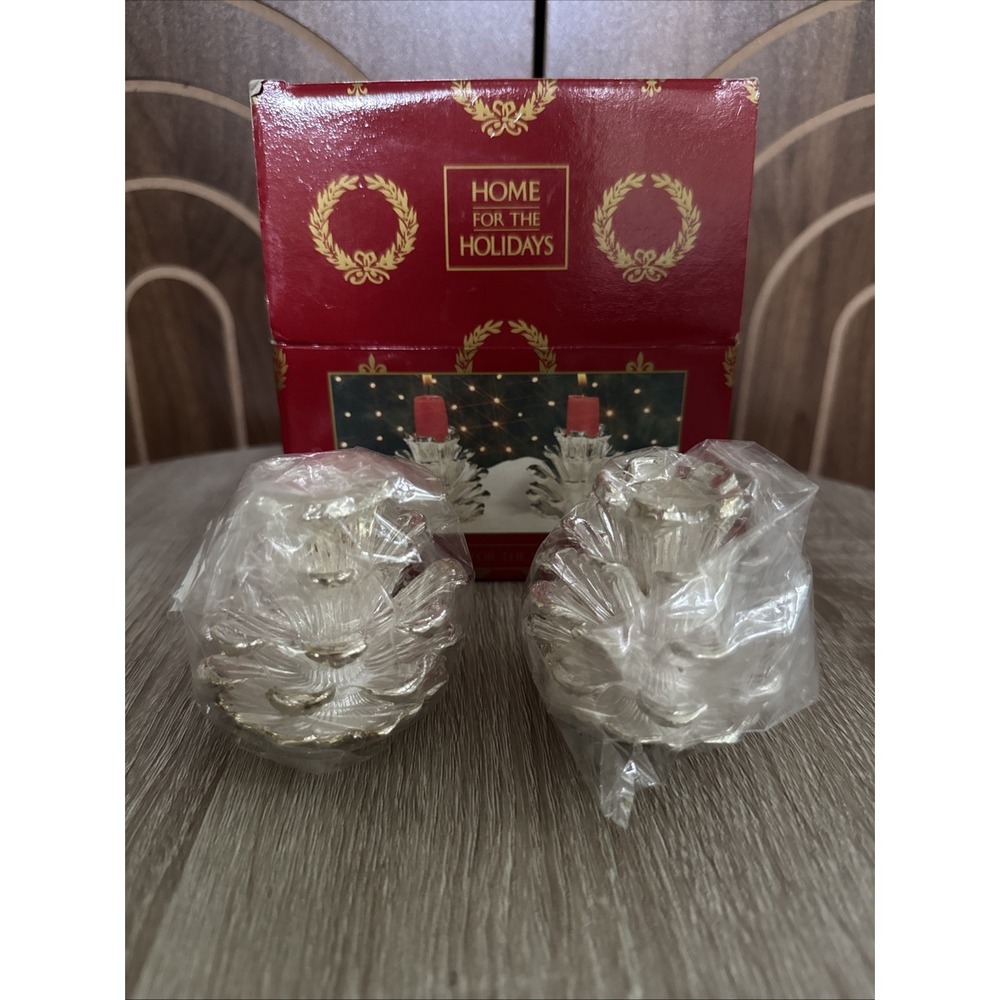 Vintage Silver Plated Christmas Candleholders Set of Two Pine Cone (NIB) 1997